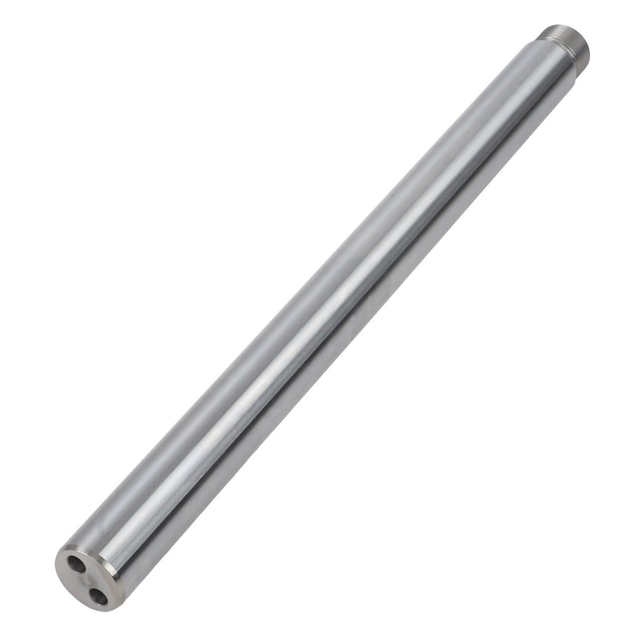 The AGCO ROD - AL12700915 is a cylindrical metallic rod predominantly in silver, designed with threading on one end and two holes on the opposite end. No current product description information is available.