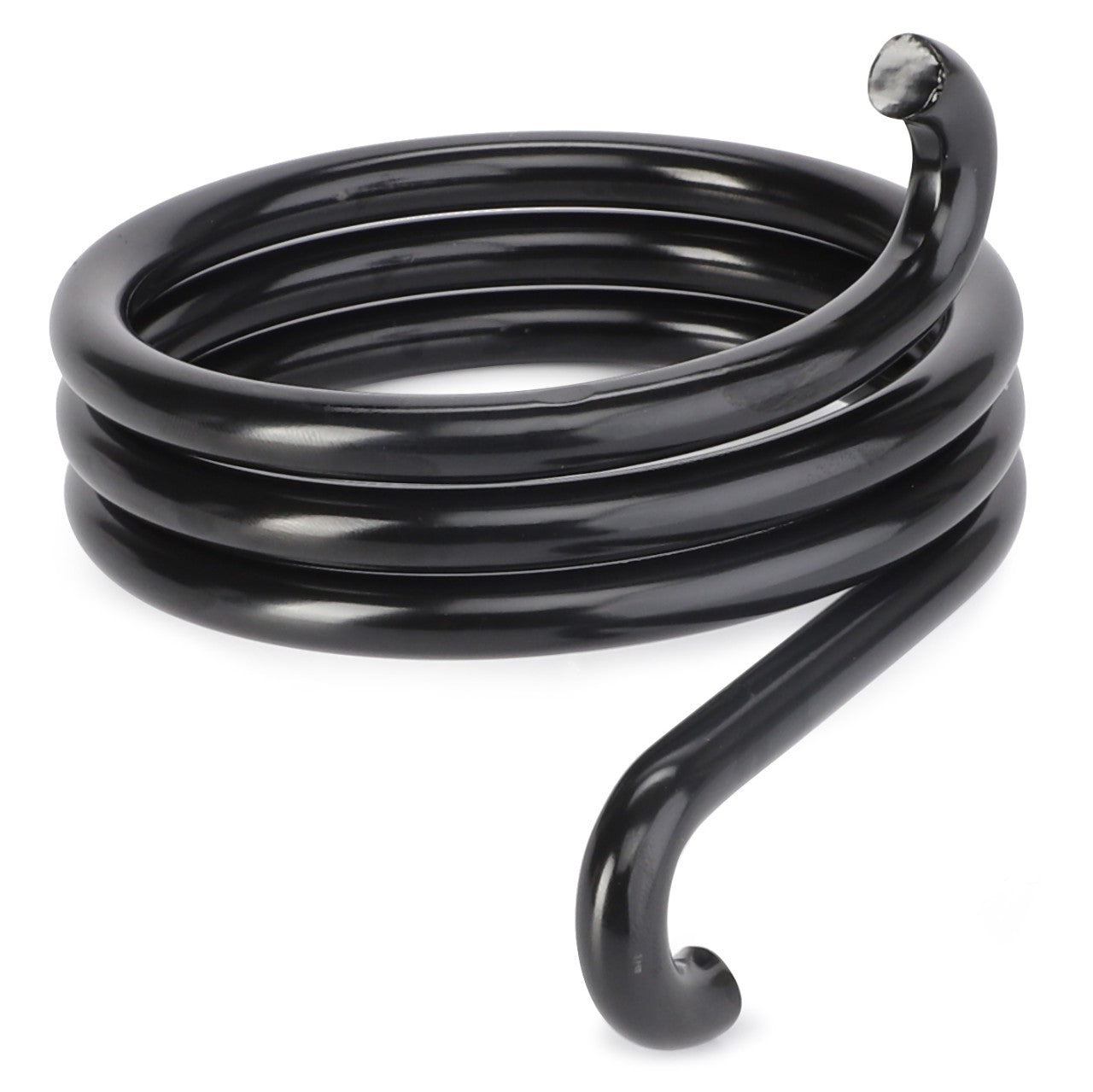 The AGCO Spring - F334700031020 is a black metal tube with one extended end, resembling a tightly wound spring or pipe.