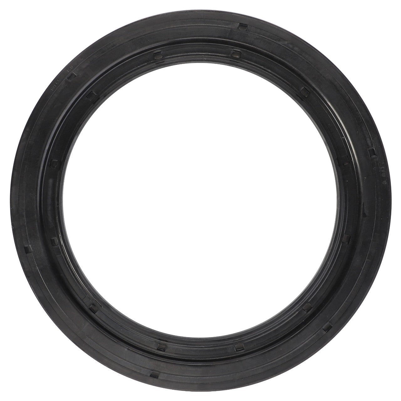 An AGCO Seal - 3619139M1, a black circular rubber gasket with ridged inner and outer edges, ideal for maintenance or repair of Massey Ferguson models.