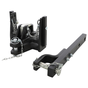 Two pieces of AGCO's heavy-duty black metal trailer hitch/ball mount equipment with attached safety chains. The larger piece features a ball mount, while the smaller, rectangular piece includes a drawbar hitch receiver known as the AGCO Drawbar - Acp0223620.