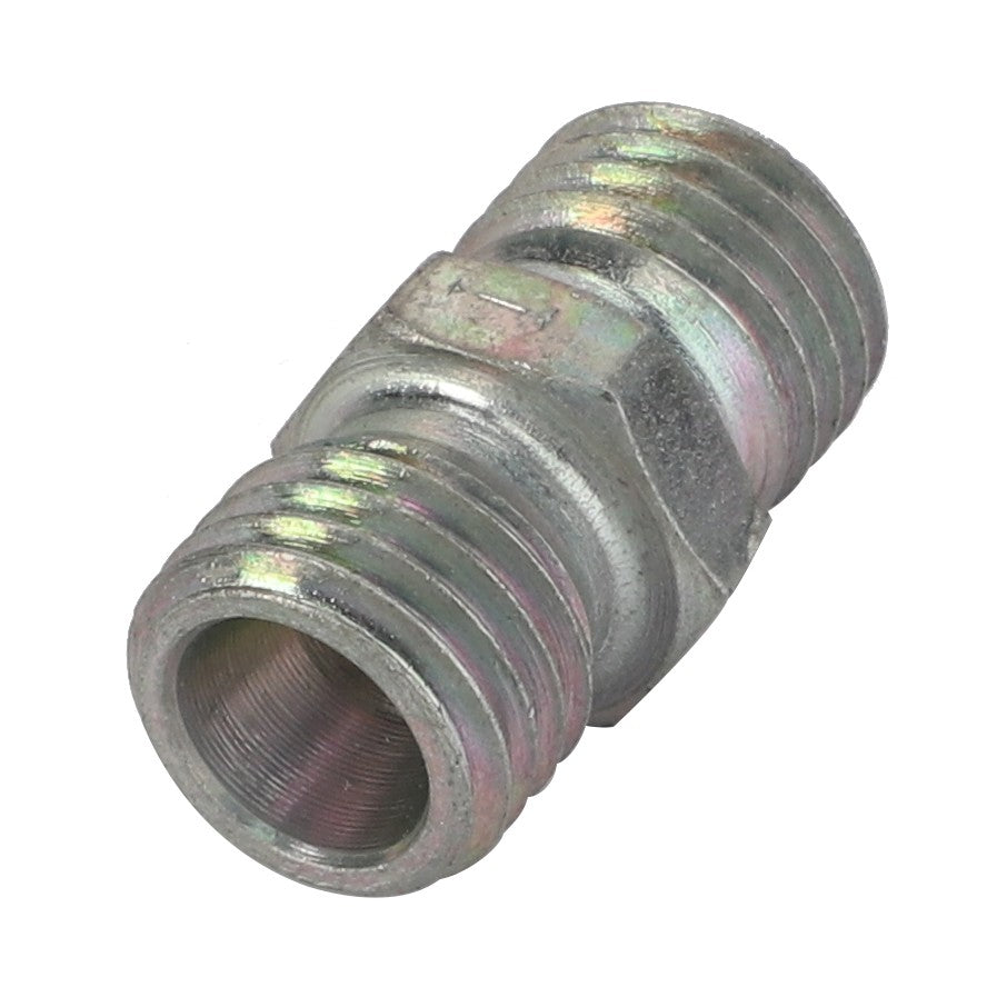 The AGCO | Union - 3004107X1 is a metallic pipe fitting with threaded ends, typically used to connect two sections of pipe.