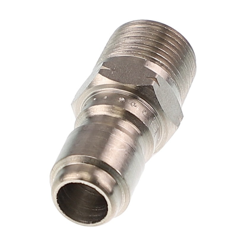 Close-up image of the AGCO NIPPLE - AG516790, a metallic threaded pipe fitting. It features a cylindrical shape and a grooved surface for secure attachment under the trusted AGCO brand name.