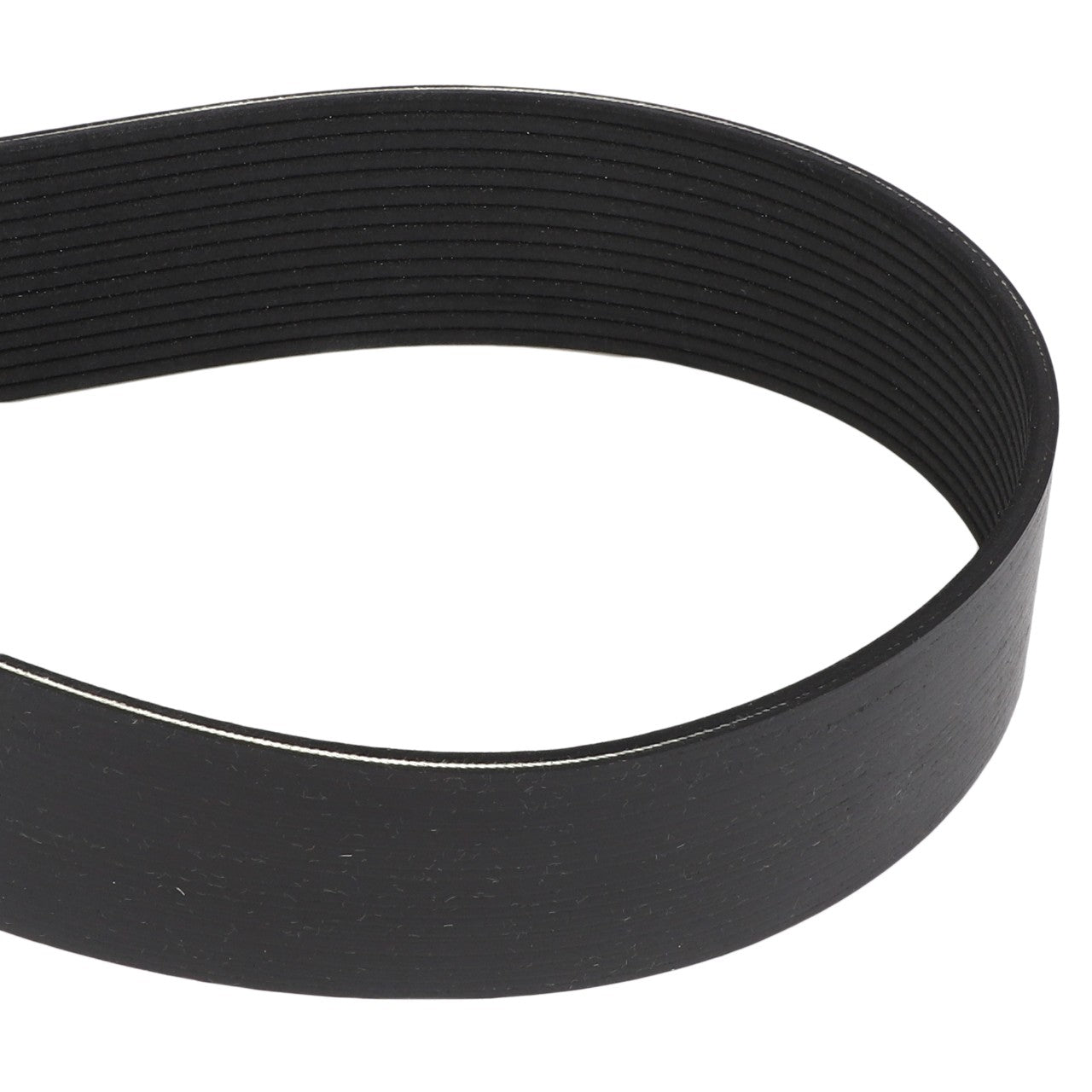 A close-up view of the AGCO Belt - Acw0936010 in black, featuring a ribbed design commonly used in automotive engines to operate various mechanical components. No current product description available.