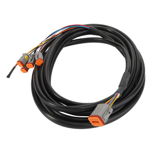 The AGCO Cable - Acp0295520 is a coiled black cable featuring multiple colored wires and orange-tipped connectors at both ends. Product description currently not available.