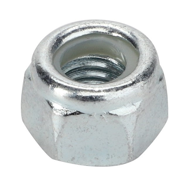 Close-up of the AGCO | LOCKNUT - D41092400, a hexagonal metal nut featuring internal threading and a white nylon insert, commonly utilized in mechanical and automotive applications. No specific usage details are provided.