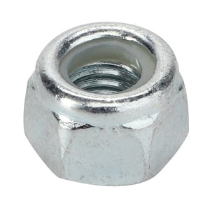 Close-up of the AGCO | LOCKNUT - D41092400, a hexagonal metal nut featuring internal threading and a white nylon insert, commonly utilized in mechanical and automotive applications. No specific usage details are provided.