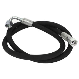 The AGCO | Hydraulic Hose - Acw3852720 by AGCO is a coiled rubber hydraulic hose equipped with metal fittings at both ends, one of which includes an angled adapter. It features abrasion-resistant coverings that ensure durability in extreme temperatures.