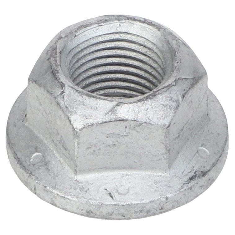 The AGCO Hex Flange Top Lock Nut (model 700707867), featuring internal threading, a hexagonal shape, and a wide circular base for an increased bearing surface, is compatible with Valtra models.