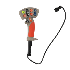 The AGCO Shifter - ACW1325720 is a handheld control joystick featuring a vibrant gray and orange grip, equipped with multiple buttons, and includes a connected black cord with a plug. No additional product description information is available beyond its functional design and eye-catching color scheme.