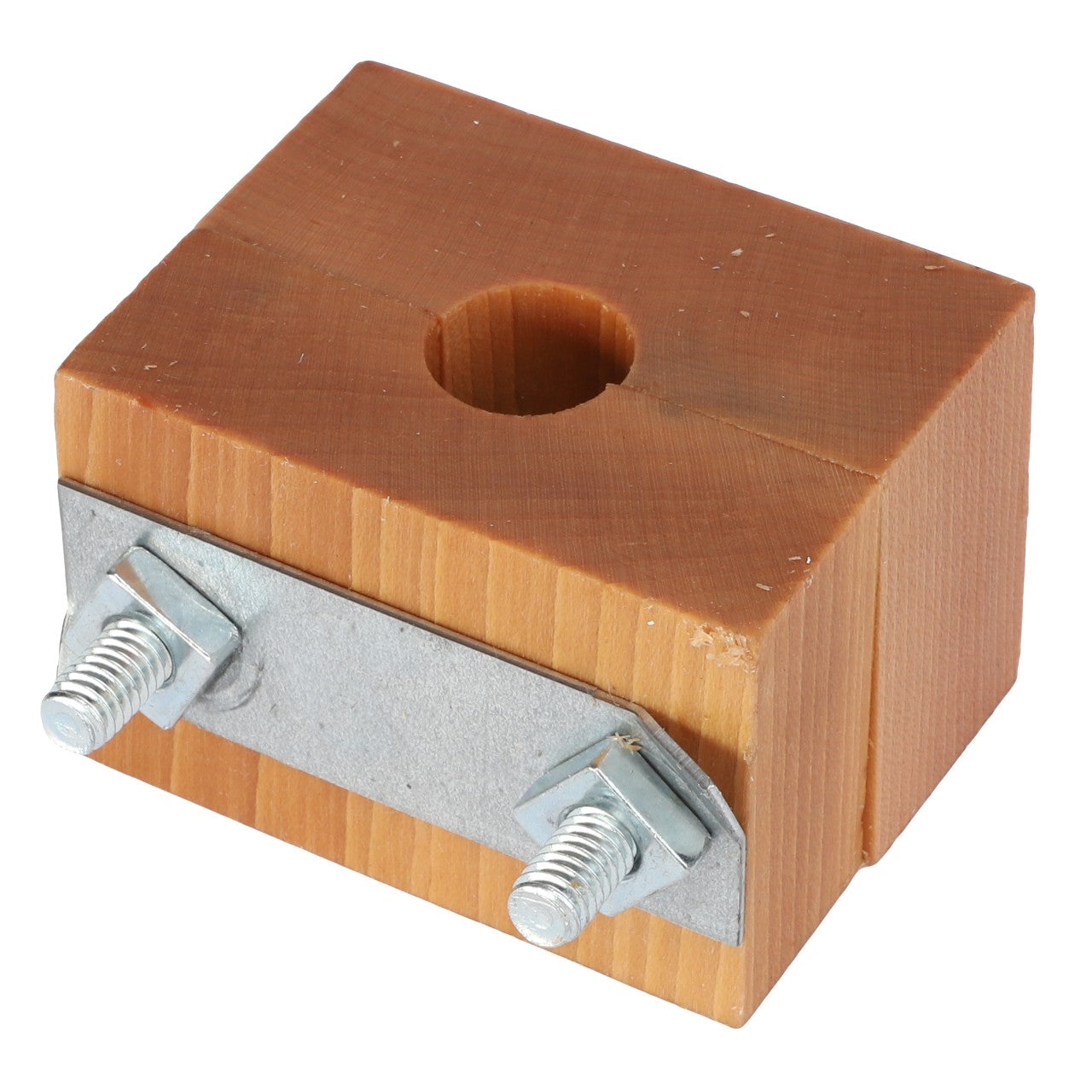 The AGCO BLOCK - 800922M91 is a small wooden block featuring a central hole and a metal plate secured by two bolts and nuts. For any inquiries, please contact our support team.