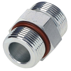 The AGCO | CONNECTOR - CH148-8335 is a metal hex nipple fitting featuring threaded ends and a durable rubber O-ring centered in the middle.