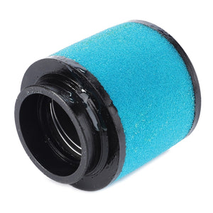 Close-up of an AGCO Engine Air Filter Cartridge - ATV0470-391 featuring a cylindrical blue foam with black plastic ends, positioned horizontally on a white background. Designed to protect your engine, this AGCO air filter ensures top-notch filtration efficiency.