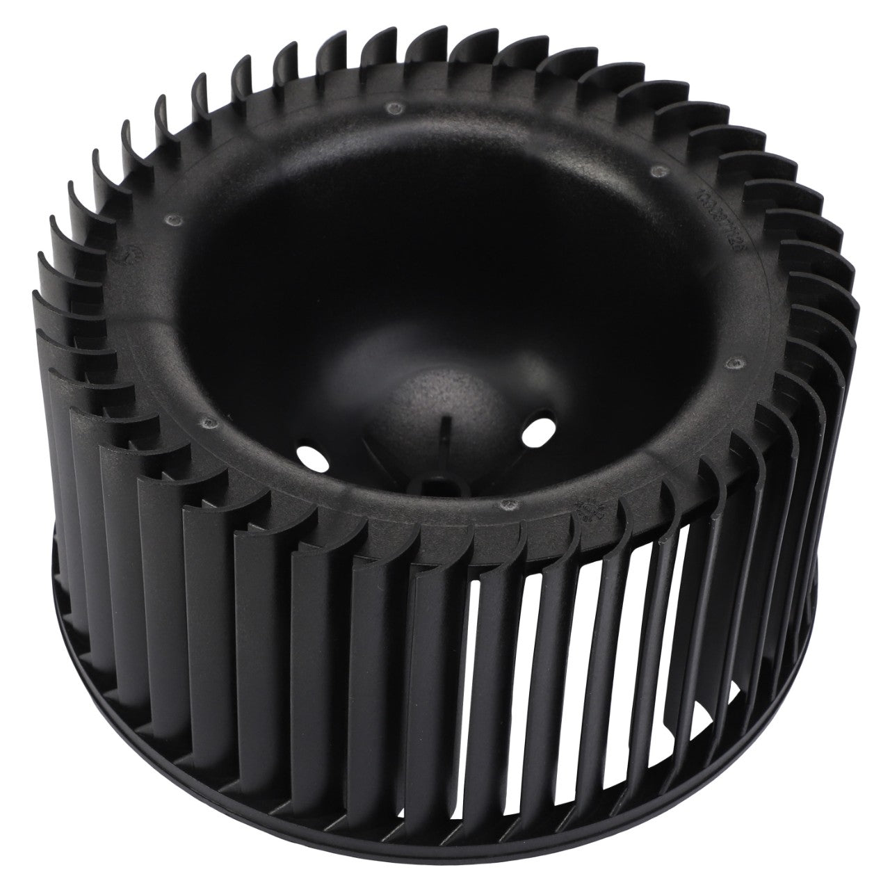 Image of the AGCO Blower Wheel - Acw0214060, a black, cylindrical, plastic part with vertical slats and a domed, perforated center, likely a component of a cooling or ventilation system. No current product description available.