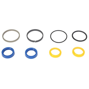 AGCO | GASKET KIT - 0.010.2230.0: A set of nine rubber and plastic ring seals of various sizes and colors, including blue, yellow, gray, and black, arranged in three rows against a plain white background.