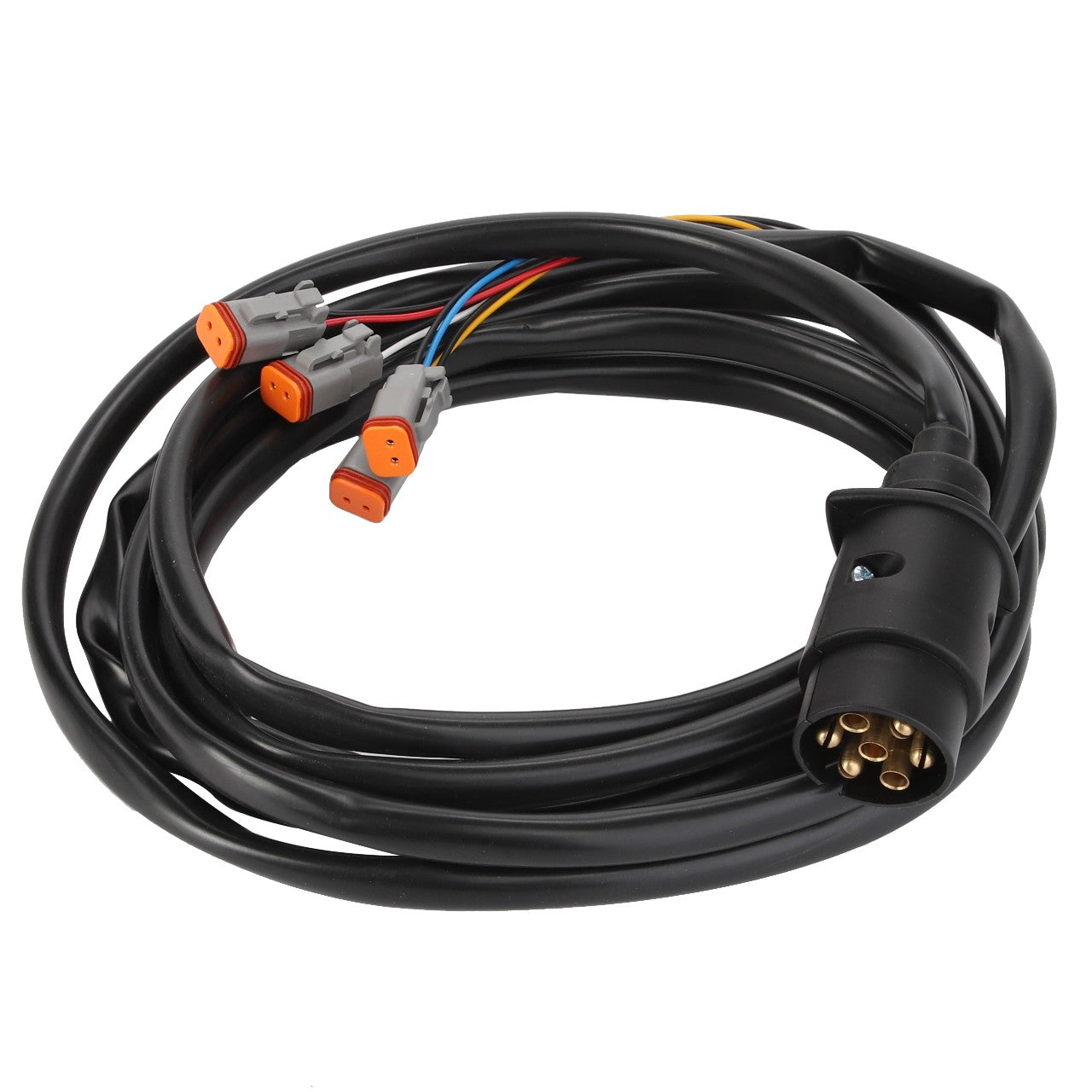 The AGCO | CABLE - AL60003943 from AGCO is a coiled electrical cable that features a multi-pin connector on one end and multiple smaller connectors on the other end. Product description information is currently unavailable.