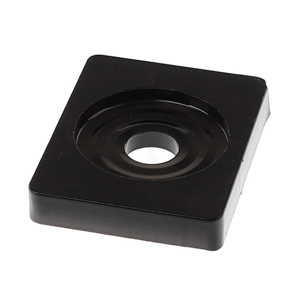 The AGCO | Spring Retainer Plate - Acp0013170 is a black, square rubber foot featuring a central hole for mounting. This slightly elevated component includes a circular indentation around the hole for added functionality. While there is no current product description available, it stands out as a simple yet effective solution.