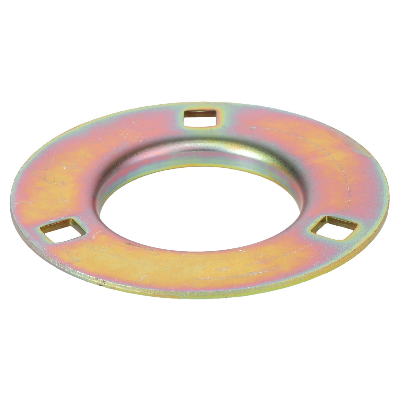 The AGCO BEARING HOUSING - K2578 is a round metal washer featuring a central circular hole and three evenly spaced square notches around its inner edge. The washer boasts a metallic finish with a slight iridescent sheen. Please note that no additional product description information is available for this item beyond what is provided here.