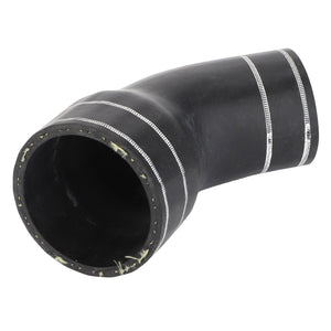 AGCO Hose - Acw0484250 by AGCO: Black, curved rubber hose with silver bands near both ends, likely used for automotive or industrial purposes. No current product description information available. Isolated on a white background.