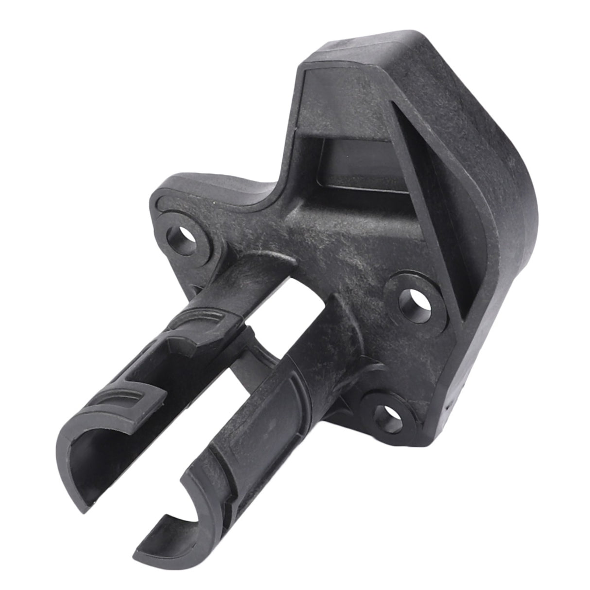 A black plastic mounting bracket, featuring two protruding prongs and four screw holes for attachment, compatible with Massey Ferguson models, is available as the AGCO | Left Hand Sleeve - Al60008046.