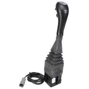 The AGCO | LEVER - AL5021037 is a black gear shift lever with an attached wiring harness, featuring a flexible rubber boot but no details are provided regarding the connector at the end of the wire.