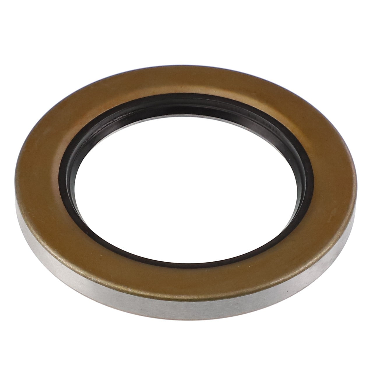 The AGCO | Seal - Acp0009500, a high-performance metal and rubber circular oil seal commonly used in automotive or machinery applications, is showcased against a pristine white background.