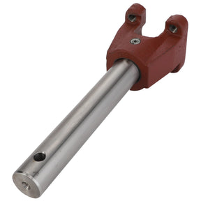 The AGCO Axle - Fel150277, a cylindrical metal rod with a distinctive red forked end, features two mounting holes. Currently, there is no product description available from the manufacturer AGCO.