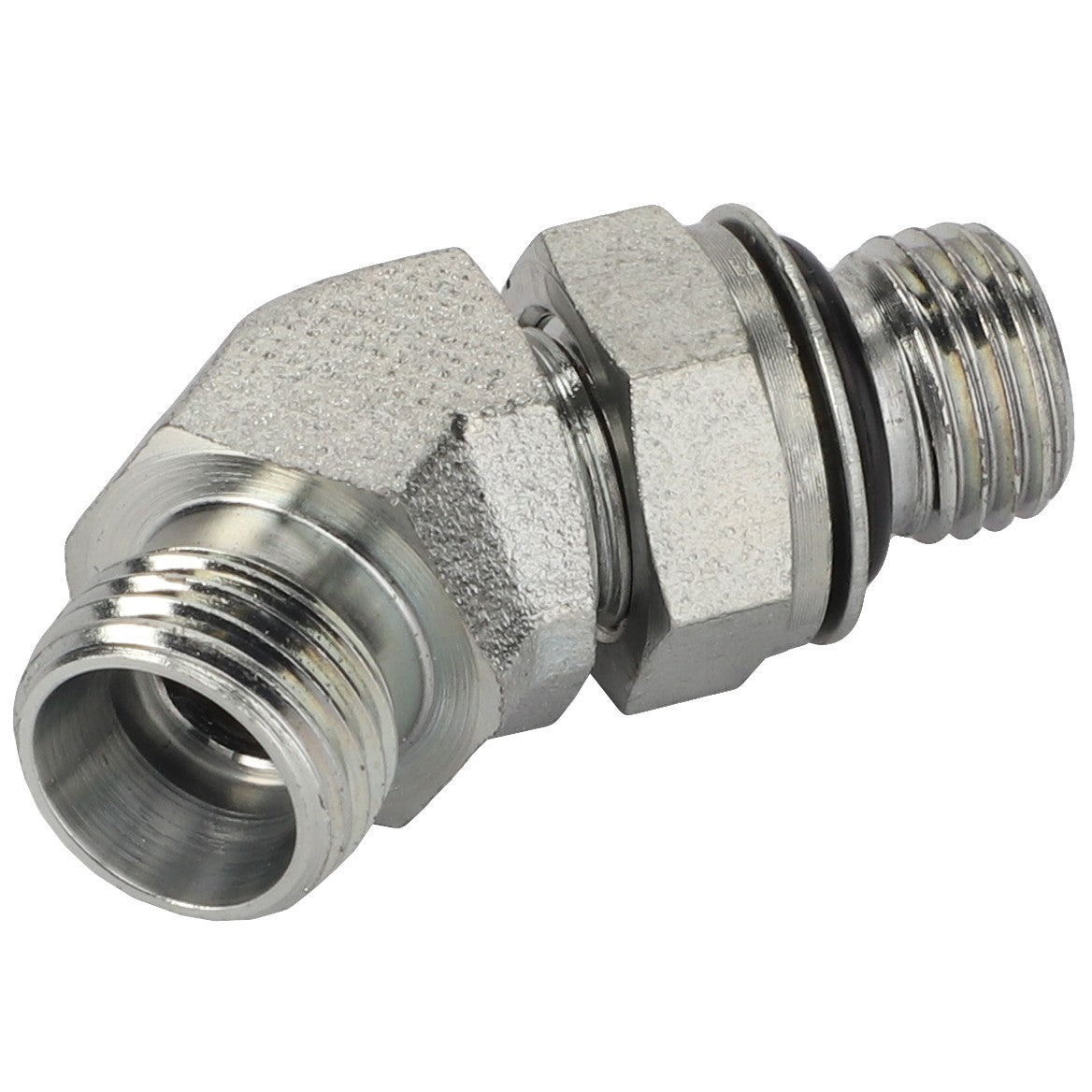 Image of the AGCO | Elbow Fitting - Acw6823960, a precisely crafted silver metallic threaded pipe fitting featuring an angled section and hexagonal connectors, perfect for various industrial applications.