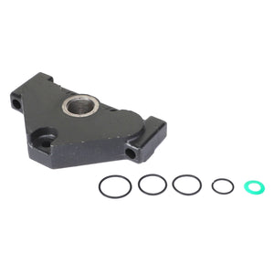 The AGCO PLATE - AL518111 is a black, triangular-shaped mechanical part with a threaded hole, and it comes with five variously sized rubber O-rings, one of them is green.