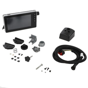 Many components of the AGCO Electronic Device, including a screen, various mounting brackets, screws, a knob, wiring harness, and additional hardware parts are displayed on a white background. No current product description information is available for Accessory Code - Acw188345A by AGCO.