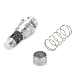 AGCO | Coupler Fitting - F524893580030, a metal spring-loaded plunger assembly with a detached spring and cylindrical cap on a plain background, reminiscent of the precision found in Fendt Models.