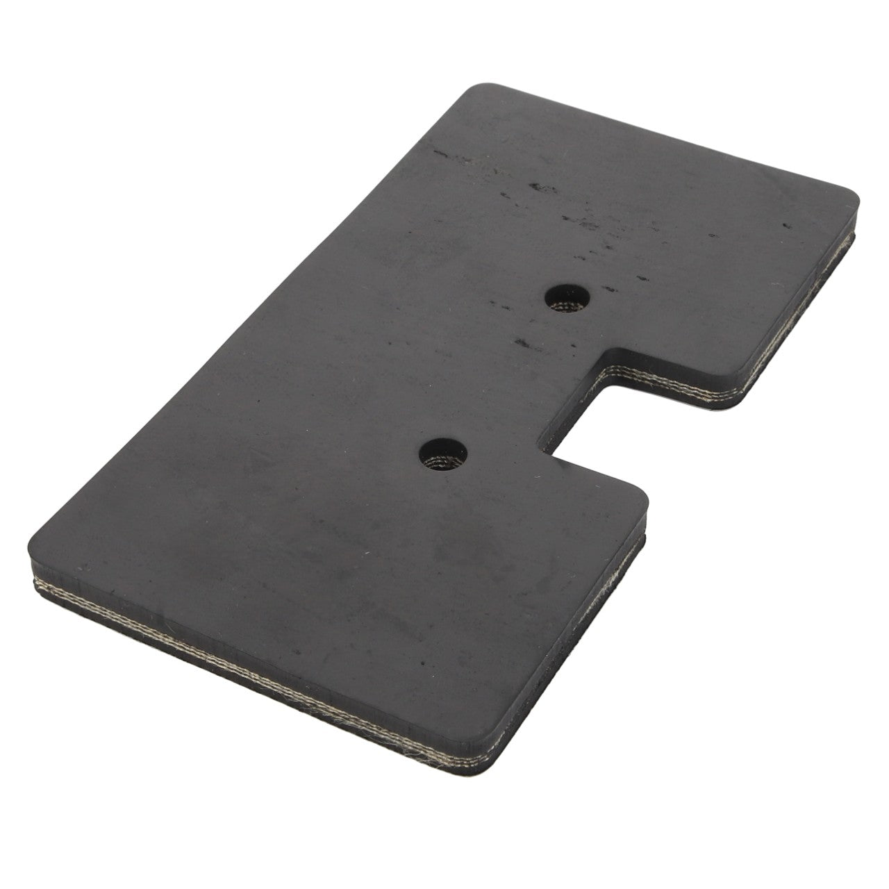 AGCO RUBBER PIECE - D28585021 is a rectangular black rubber pad featuring two holes and a cut-out notch on one side. No current product description available.