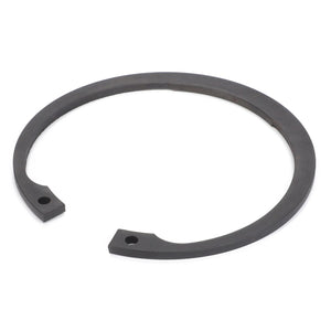 The AGCO CIRCLIP - D42515100 is a black metal retaining ring with two small holes near the ends, ideal for securing components in a variety of assemblies.