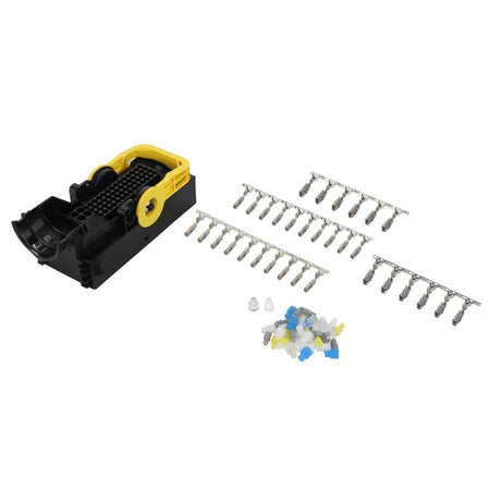 AGCO | Parts Kit - F339900950150: This wire crimping tool set from AGCO includes crimping pliers, an assortment of metal connectors organized in rows, and a small collection of multicolored caps. Detailed product specifications are currently unavailable.