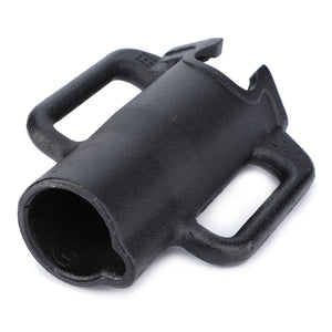 A black cast iron AGCO Grip, Drag Link - 4302121M1 pipe fitting with two lateral handles and an open cylindrical section, ideal for use with hitch and linkage components on Massey Ferguson models.