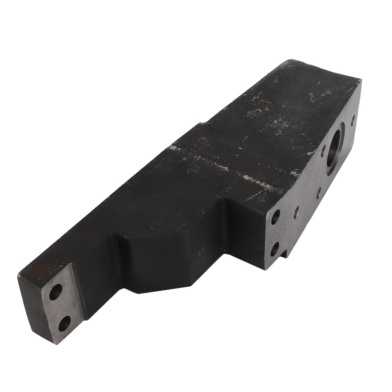 The AGCO | Bracket - Acw016125A by AGCO is a black, rectangular metal component featuring multiple holes and boasting a rugged, industrial appearance. Currently, no additional product description is available for this item.