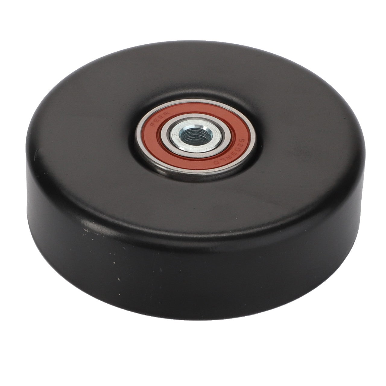 The AGCO | HOLDER - D28751220 idler pulley is crafted from sleek black plastic and boasts a striking red metal bearing in the center.