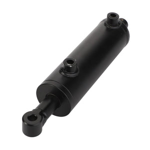 The AGCO | Hydraulic Cylinder - Acp0280310 by AGCO is a black hydraulic cylinder with mounting points on both ends, featuring a cylindrical body and a piston rod extension. No current product description available.