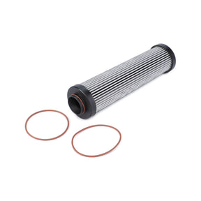 The AGCO Engine Oil Filter Cartridge - 6231527M1, a cylindrical filter with a pleated metal surface and rubber ends, featuring two red rubber O-rings for a high-grade seal, is perfect for use as an hydraulic system filter.