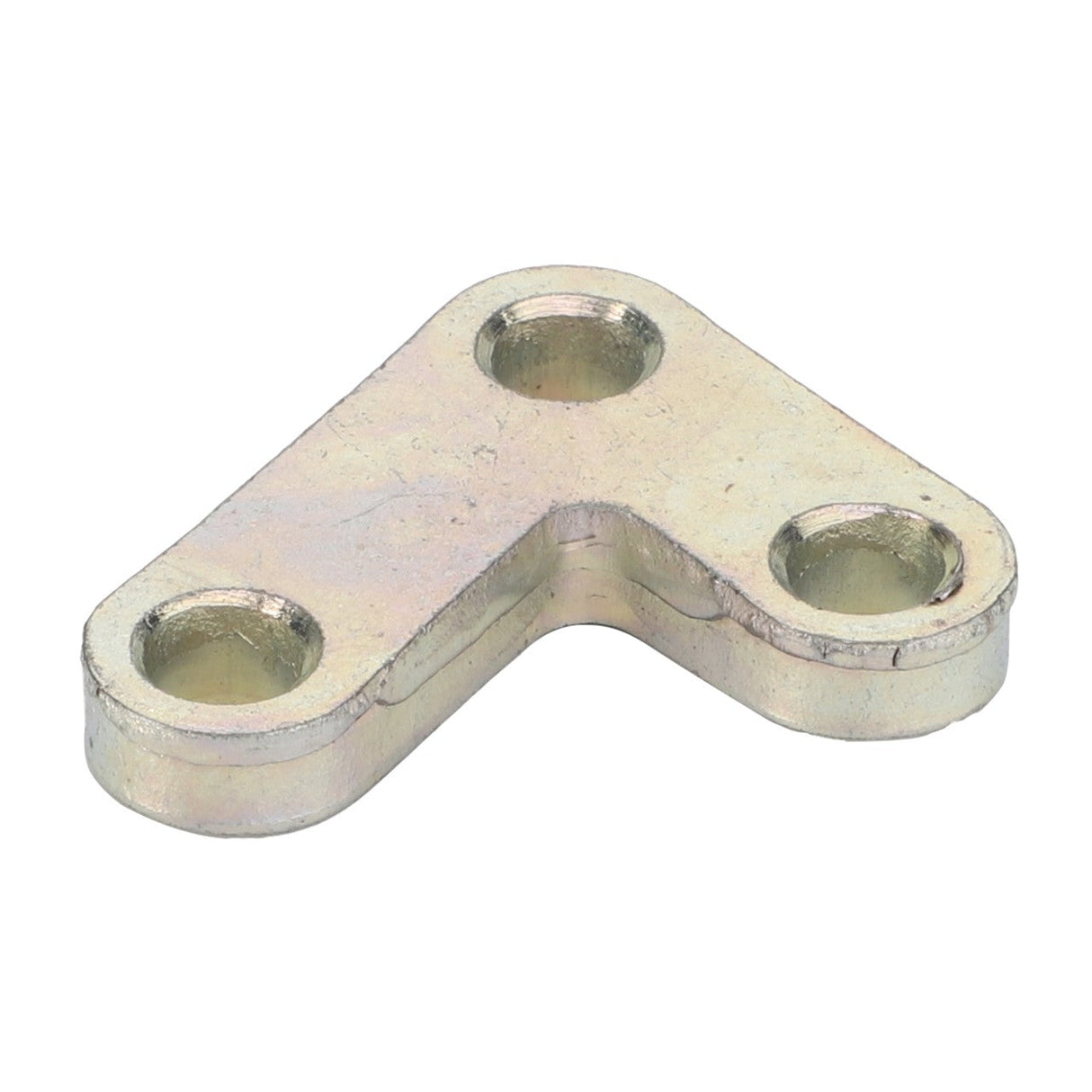 The AGCO Lever - 1695656M1 is a small, V-shaped metal bracket featuring three holes designed for screws or bolts, making it suitable for construction or assembly tasks. This bracket is compatible with Massey Ferguson models such as the MF 390 2WD, providing essential fitment information to ensure secure and effective use.