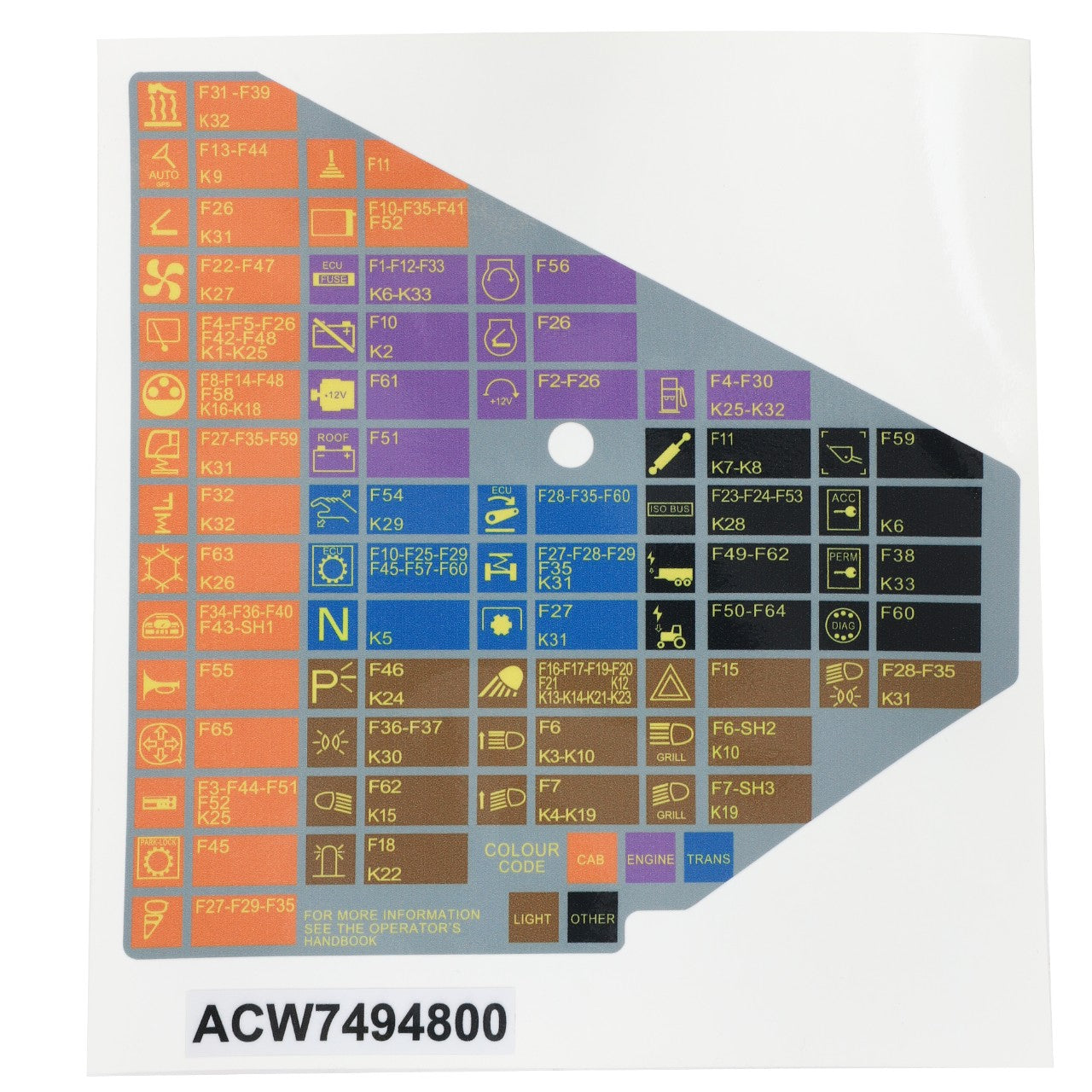 Diagram displaying the color-coded and alphanumerically labeled fuse locations and functionalities on a vehicle fuse box cover, featuring the product name AGCO | Fuse Decal - Acw7494800 prominently at the bottom for easy reference.