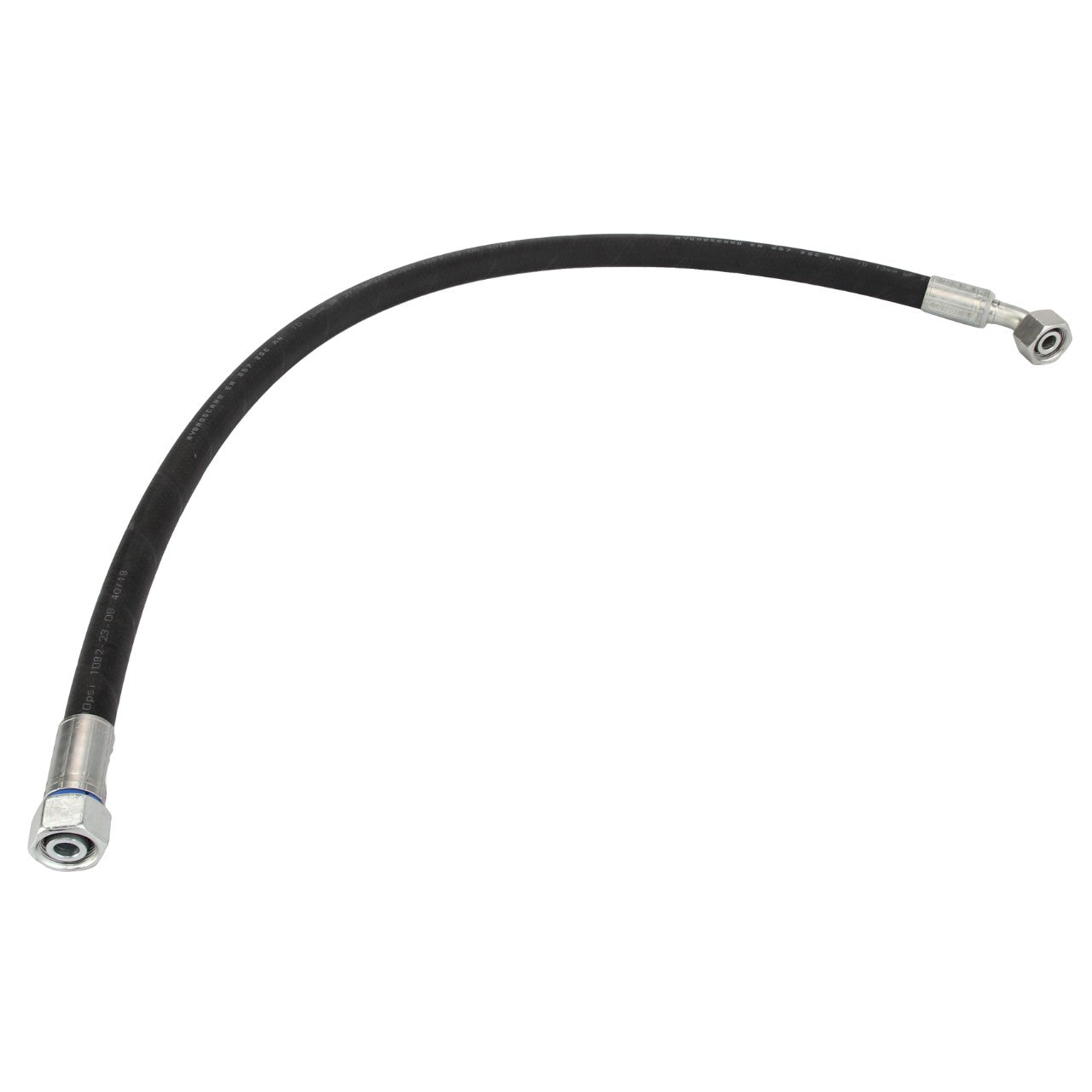 The AGCO Hose - Acw0280870 is a flexible black hydraulic hose with metal fittings on both ends, curved into a half-circle shape.