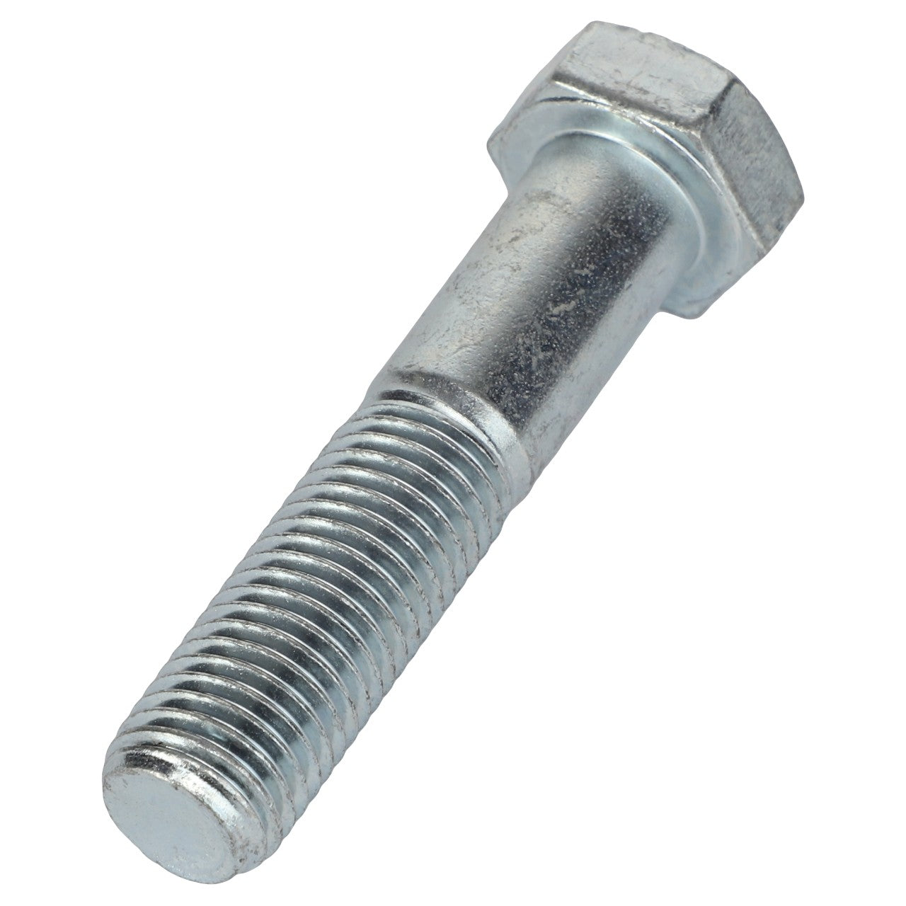 A detailed view of the AGCO HEX CAP SCREW - AL5002158 reveals its metallic structure, which includes both threaded and smooth sections, and is topped with a prominent hexagonal head.