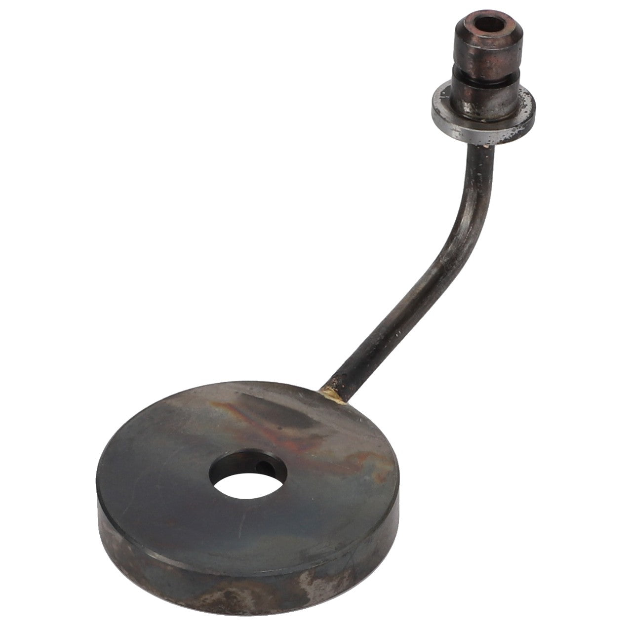 The AGCO | Pivot - F119200211290 by AGCO is a metallic component characterized by a round base with a central hole, a curved stem, and a cylindrical attachment at the top.