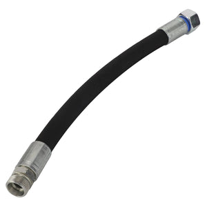 The AGCO Hydr. Hose - Acx2431020 by AGCO is a black, flexible hose equipped with metal connectors at both ends, making it perfect for plumbing or fluid transfer applications. This product description provides all the essential details you need.