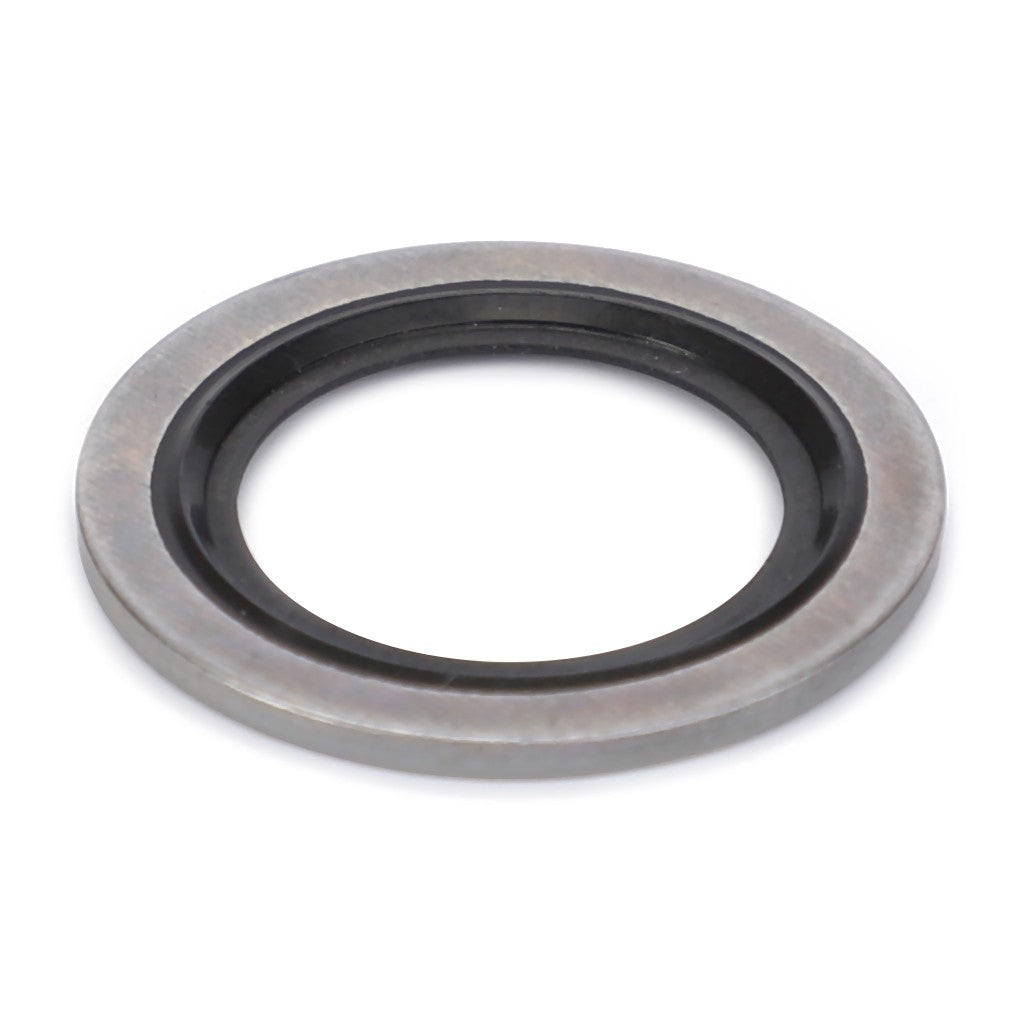 AGCO | SEALING WASHER - F926202310430 is a round metal washer featuring a black inner ring, designed for use in mechanical applications for sealing or spacing purposes.