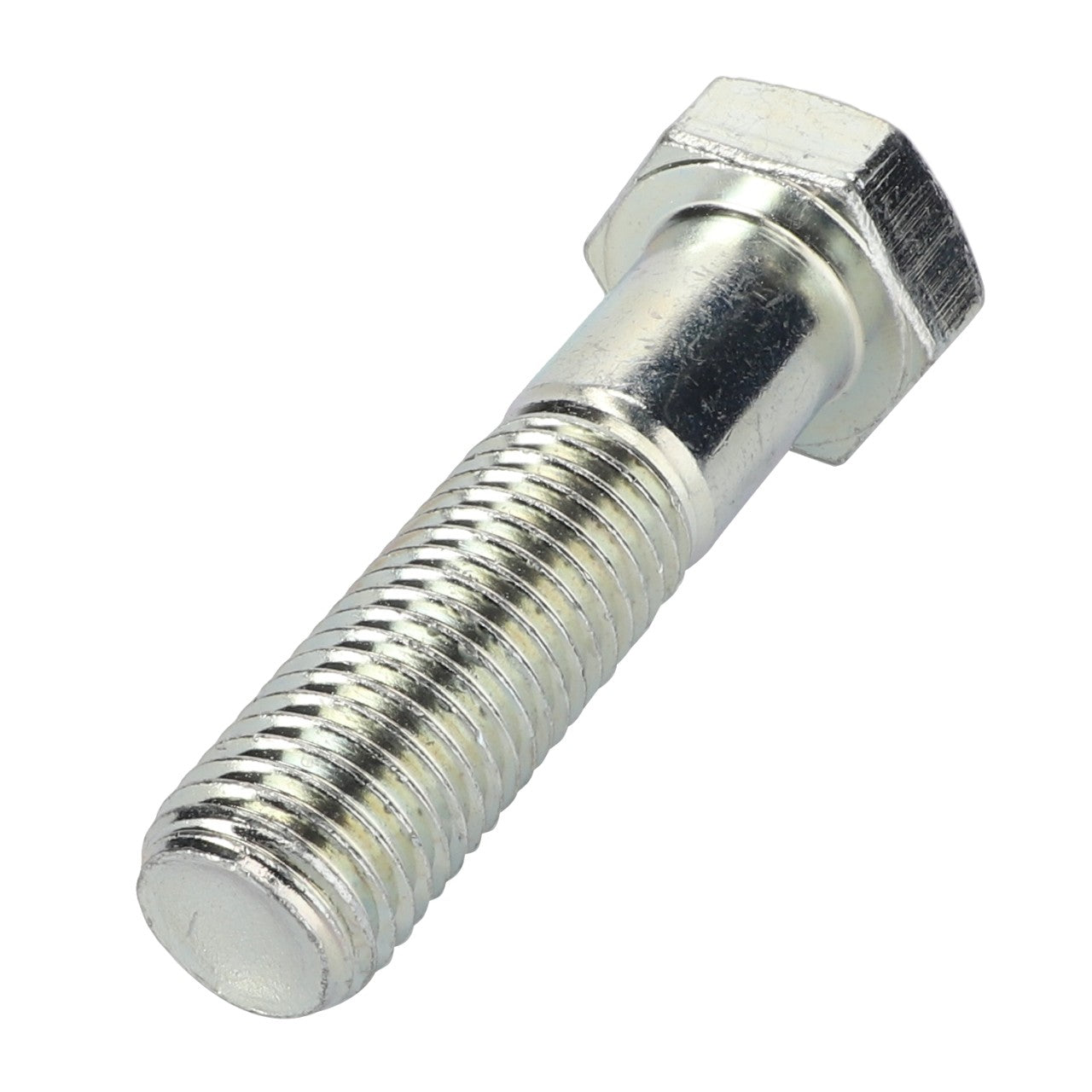 A detailed close-up of the AGCO | SCREW - AL5002201, a silver hex bolt from AGCO, highlights its threading designed for material securement. The bolt is positioned diagonally to showcase both the intricately crafted head and threaded shank.