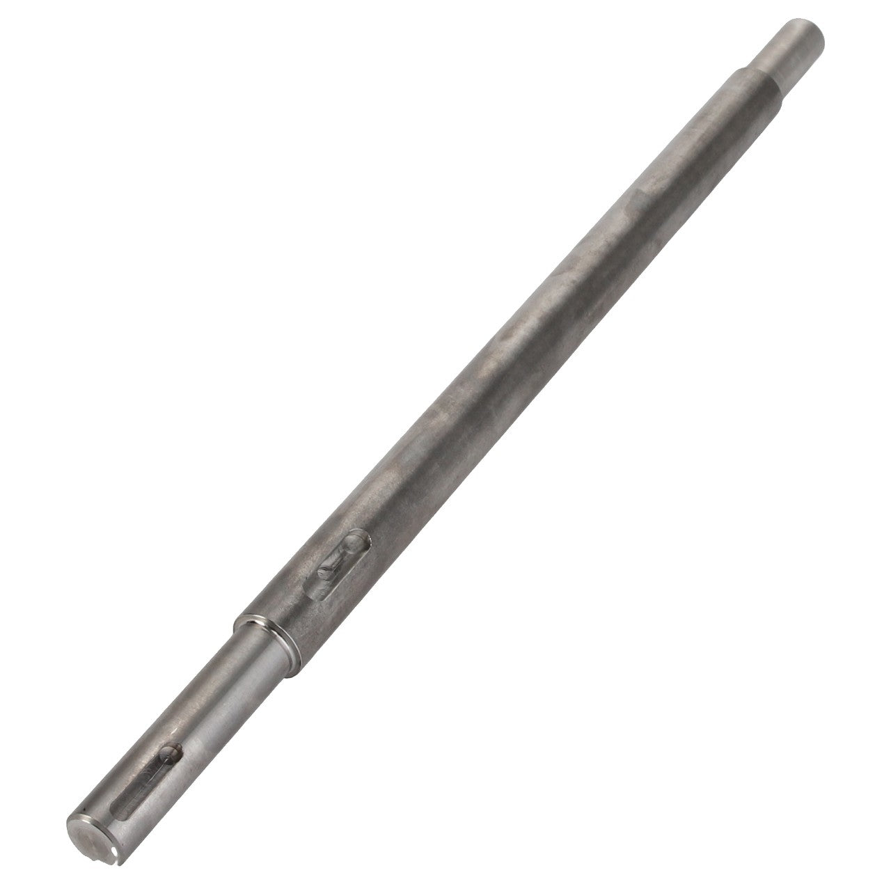 The AGCO SHAFT - D28781096, a metal rod with a cylindrical shape, featuring a narrow end and a segment with a small drilled hole near its midpoint, is currently not part of any existing product description information.