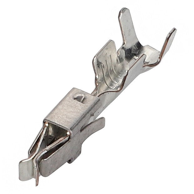 Close-up image of the AGCO Socket Contact - F002900020050, a metallic crimp terminal connector typically used in electrical wiring to join two cables together. No current product description information is available.