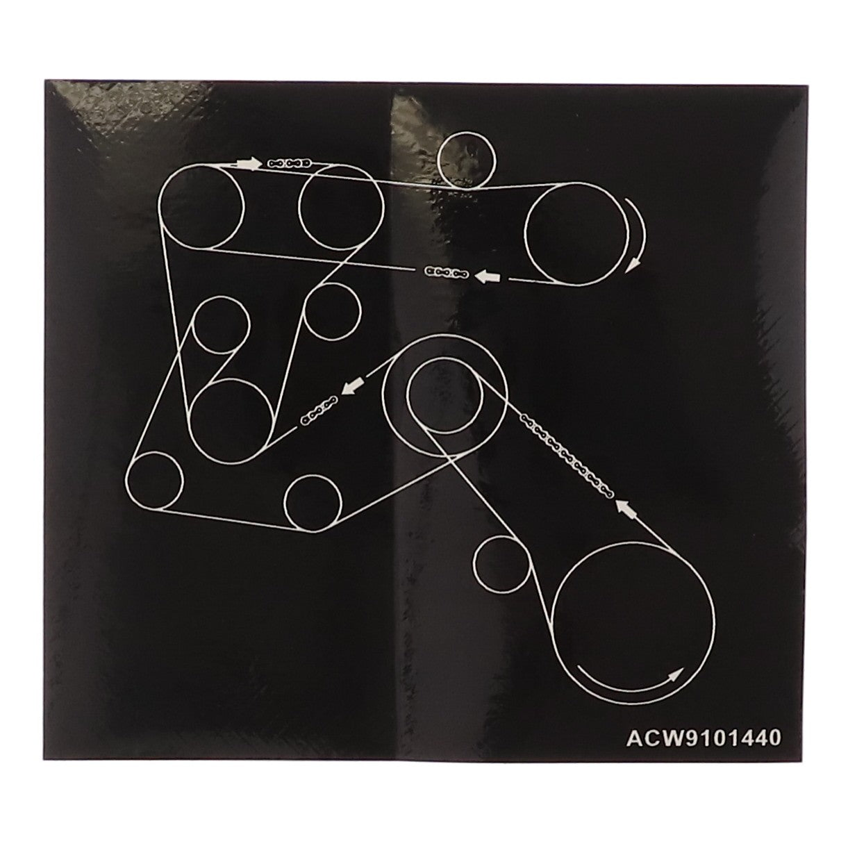 Diagram detailing the routing of a serpentine belt through various pulleys, clearly labeled with the AGCO code "ACW9101440" for Decal, Gauge Wheel in the lower right corner.