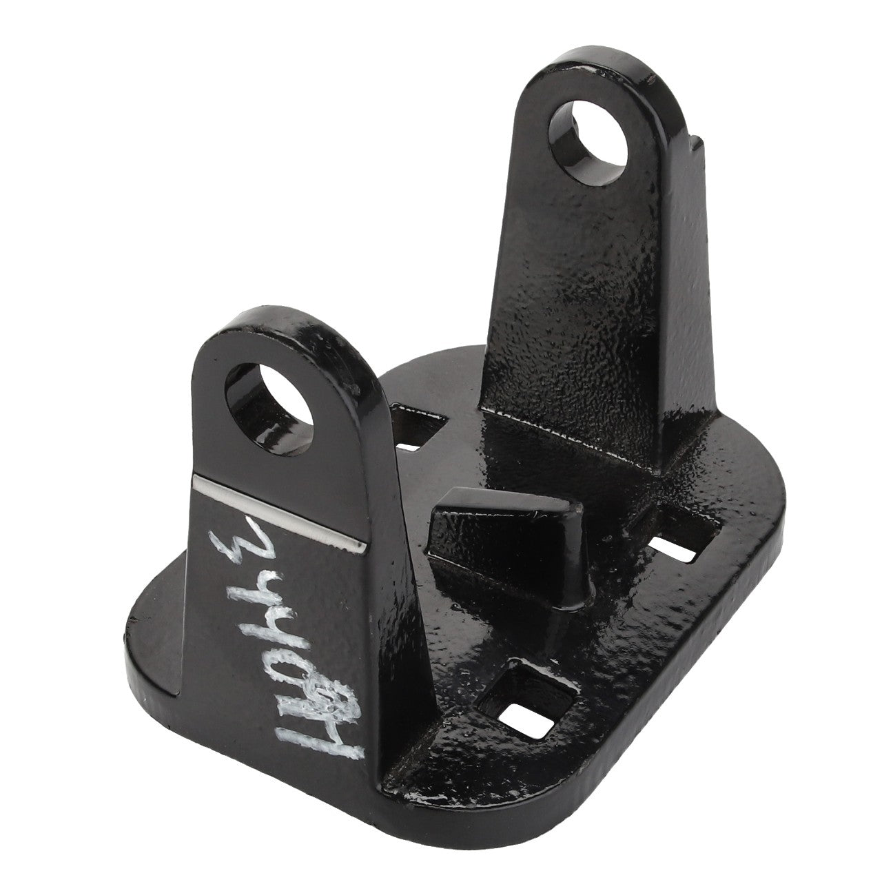 The AGCO Carrier - Acp0040940 is a black metal bracket featuring four square holes and two vertical tabs, each with a circular hole. The number 344081 is marked on one tab. Currently, there is no detailed product description available.